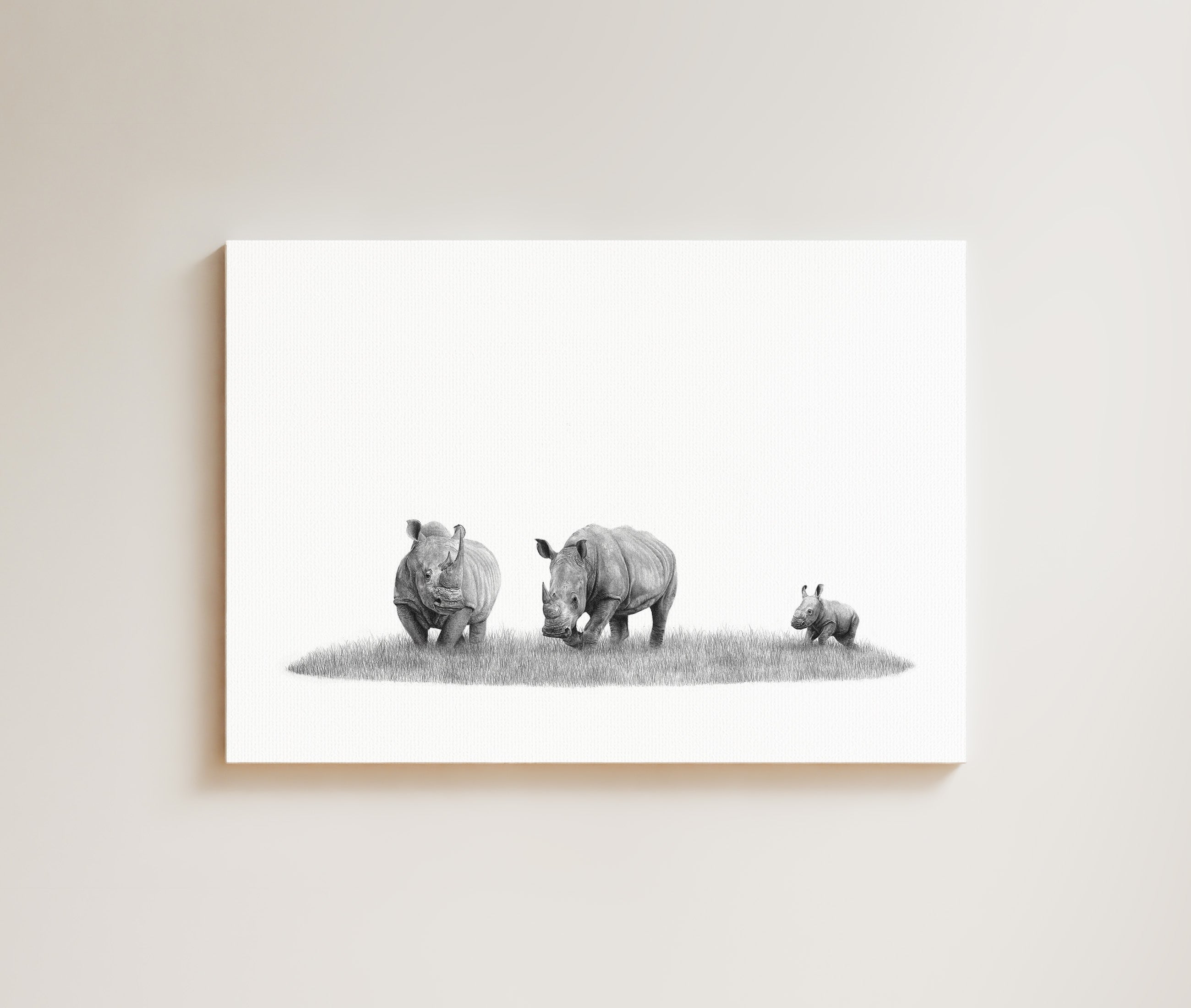 White Rhino Family drawing on canvas by South African wildlife artist Matthew Bell