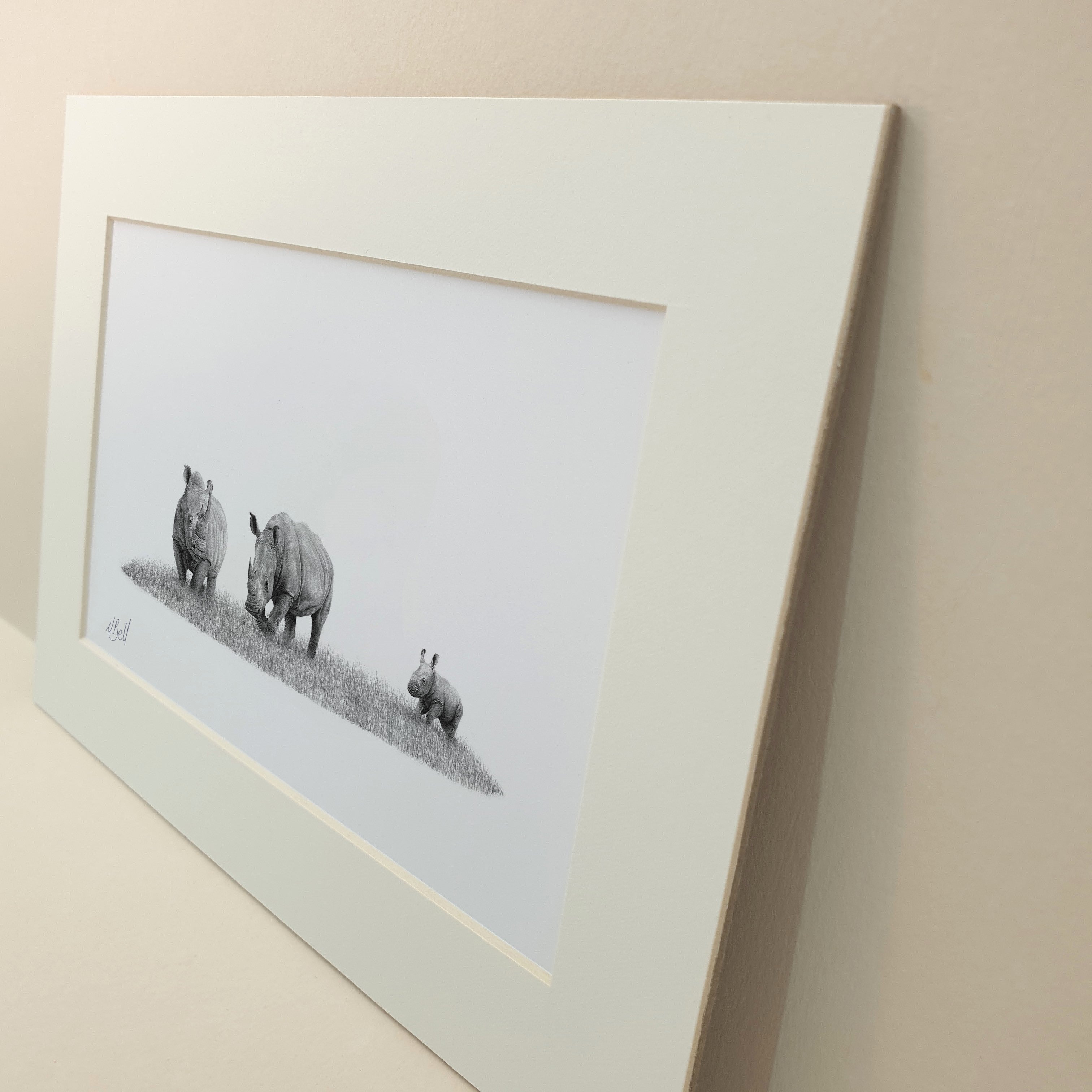 African White Rhino family with a baby pencil artwork