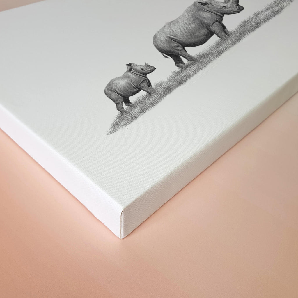 African White Rhino mother and baby stretched canvas artwork