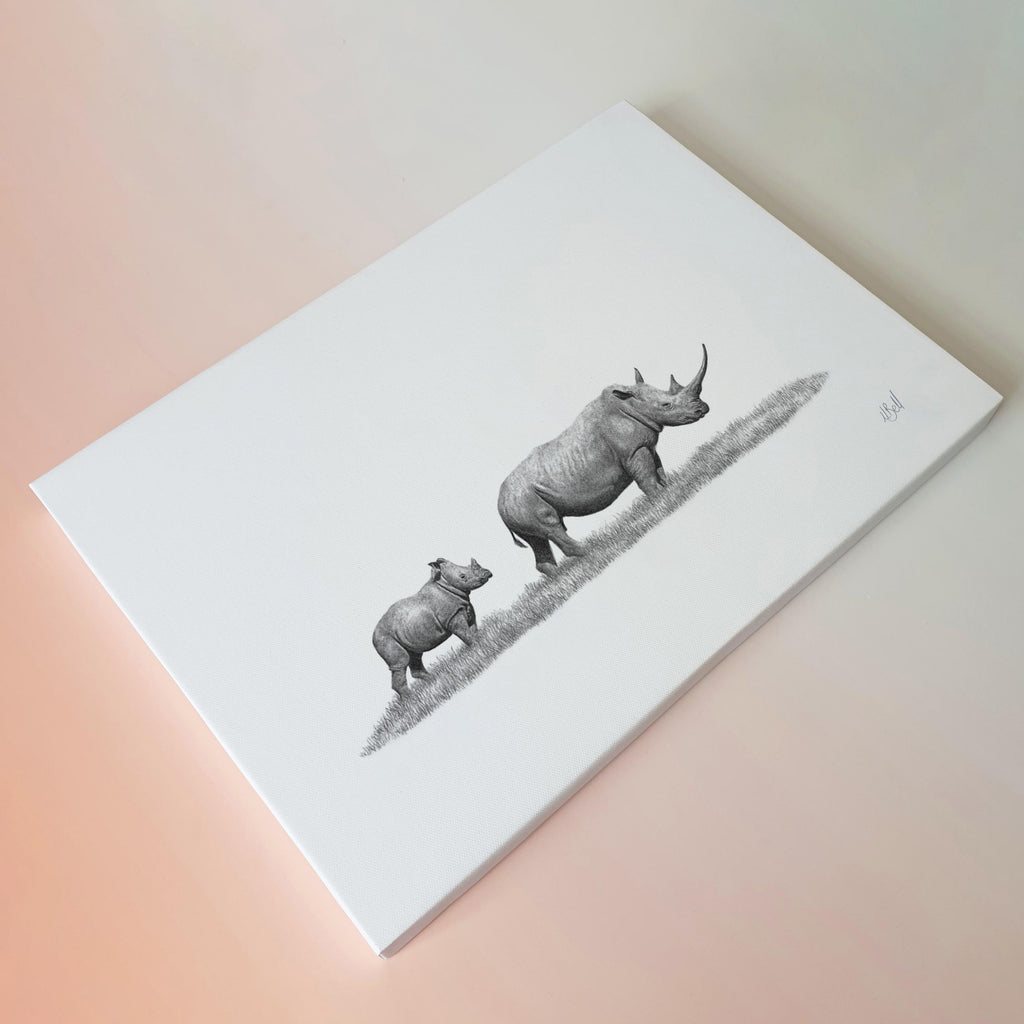 African White Rhino mother and baby stretched canvas artwork