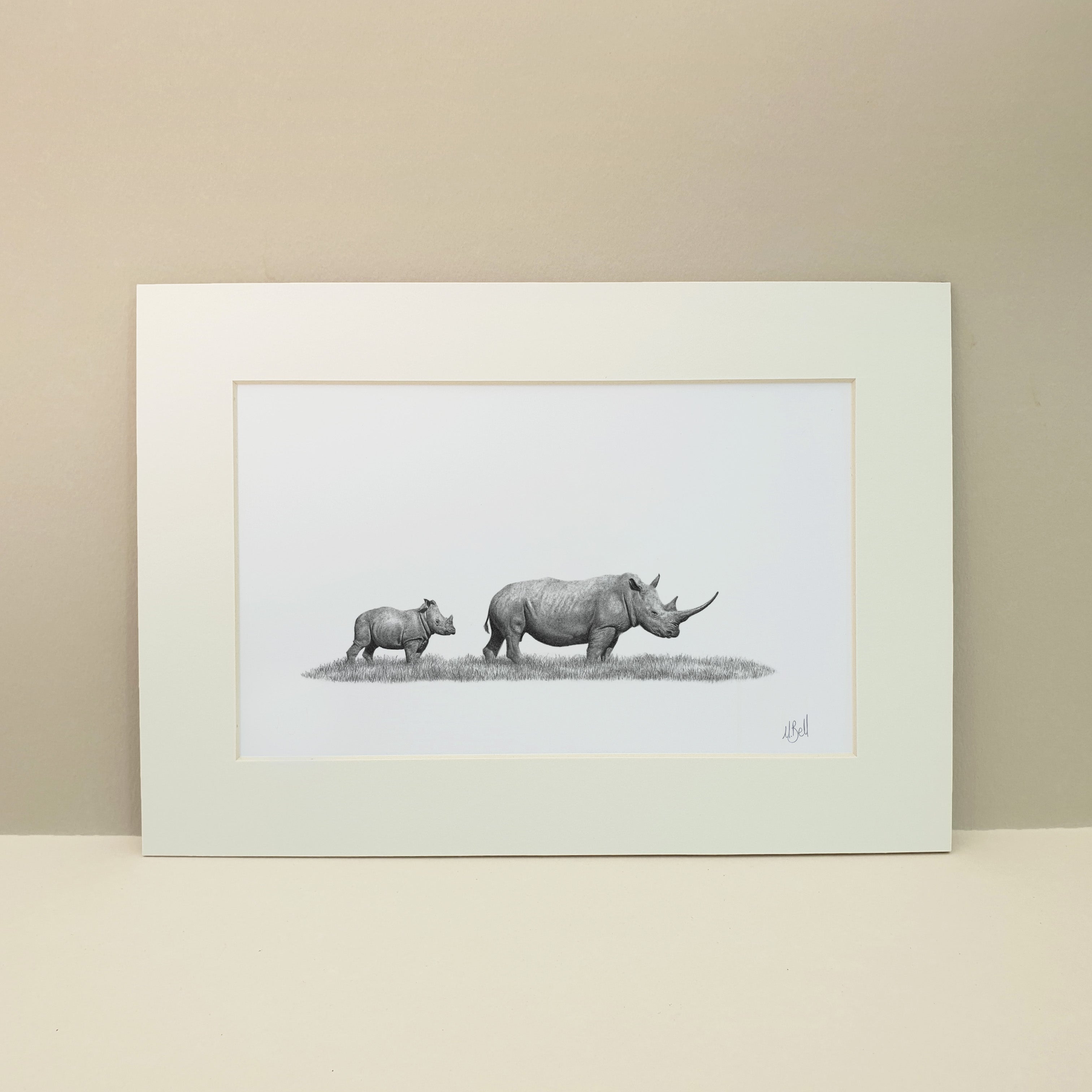 African White Rhino mother and baby original pencil artwork