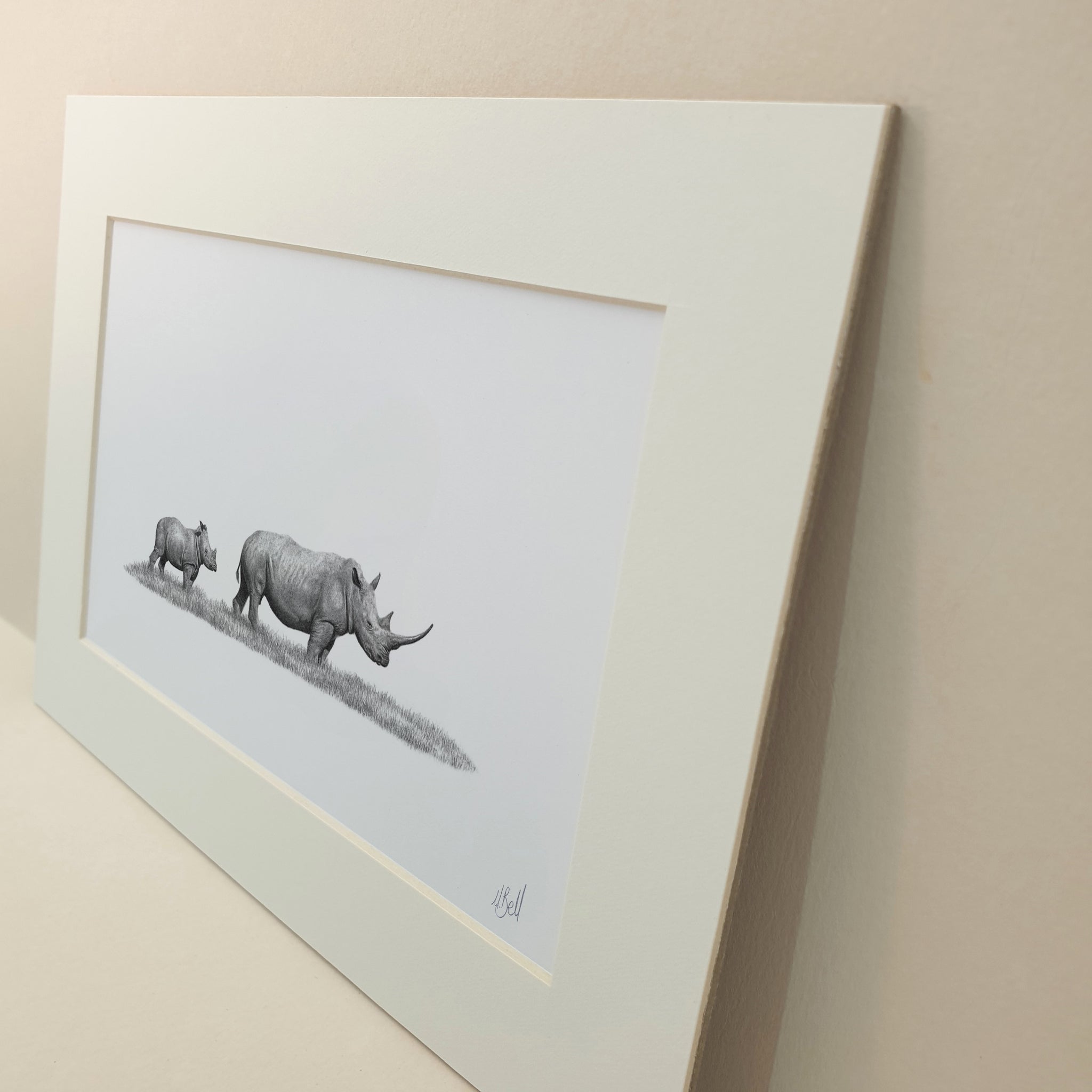 African White Rhino mother and baby original pencil artwork