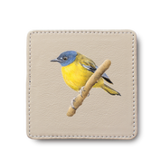 White Starred Robin Bird leather coaster by South African wildlife artist Matthew Bell