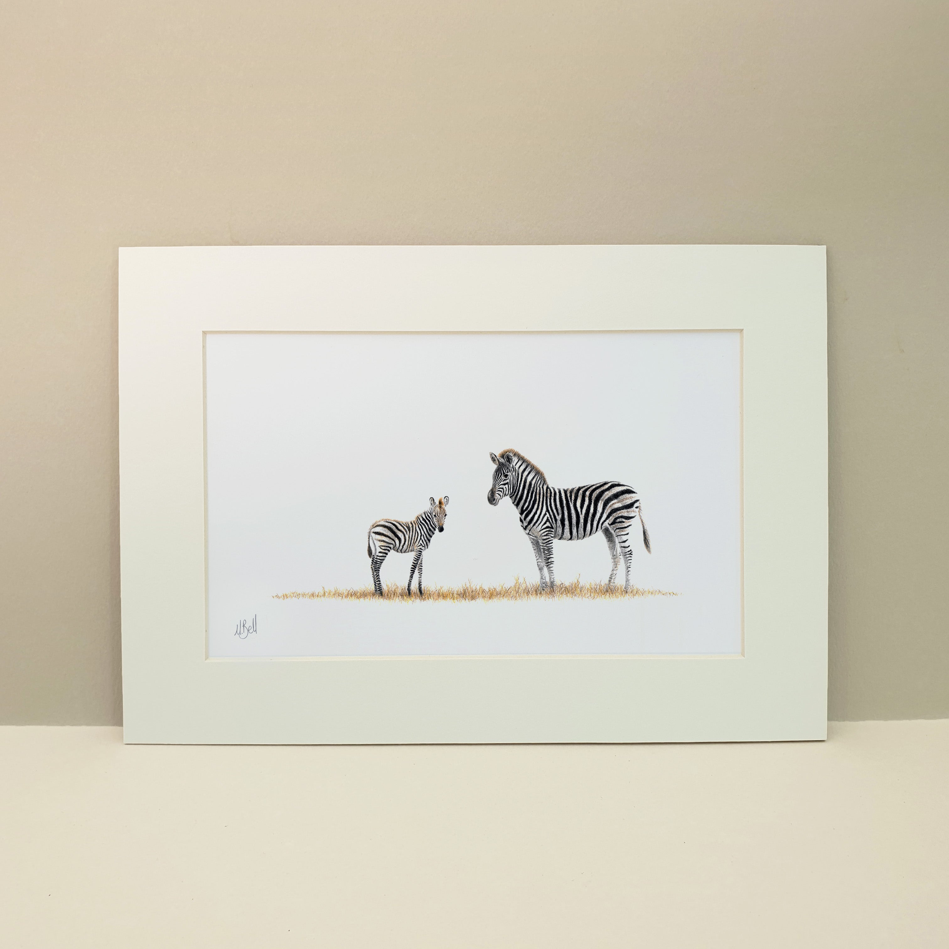 Mother and baby zebra artwork in pencil