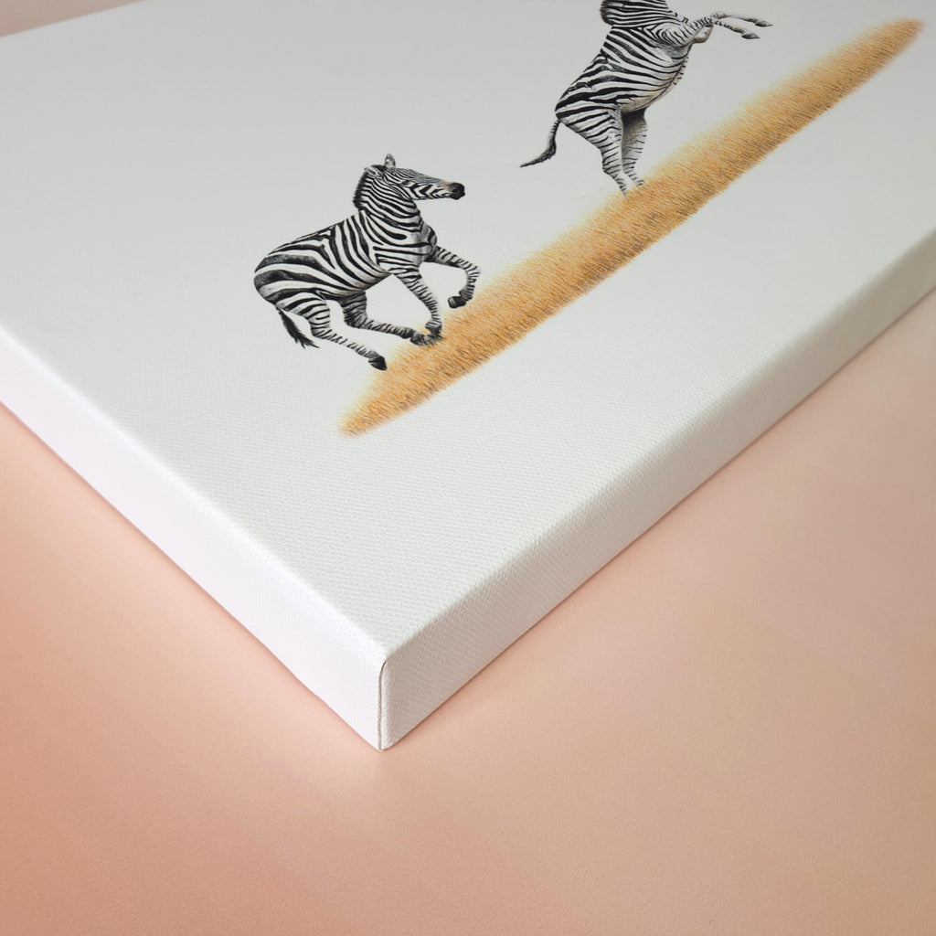 Two zebras running canvas print artwork