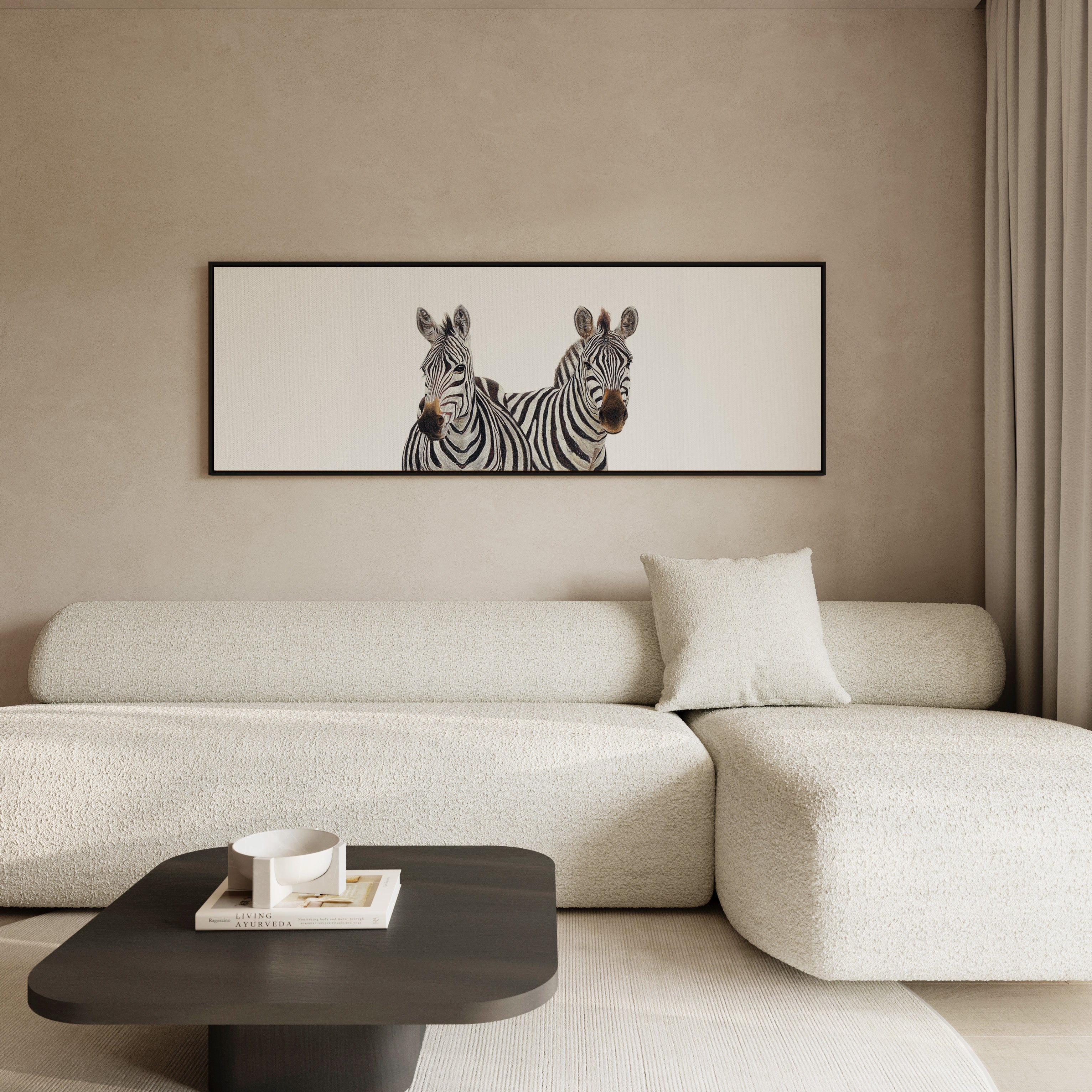Framed zebra canvas print combining detailed safari-inspired artwork with a sophisticated contemporary frame.