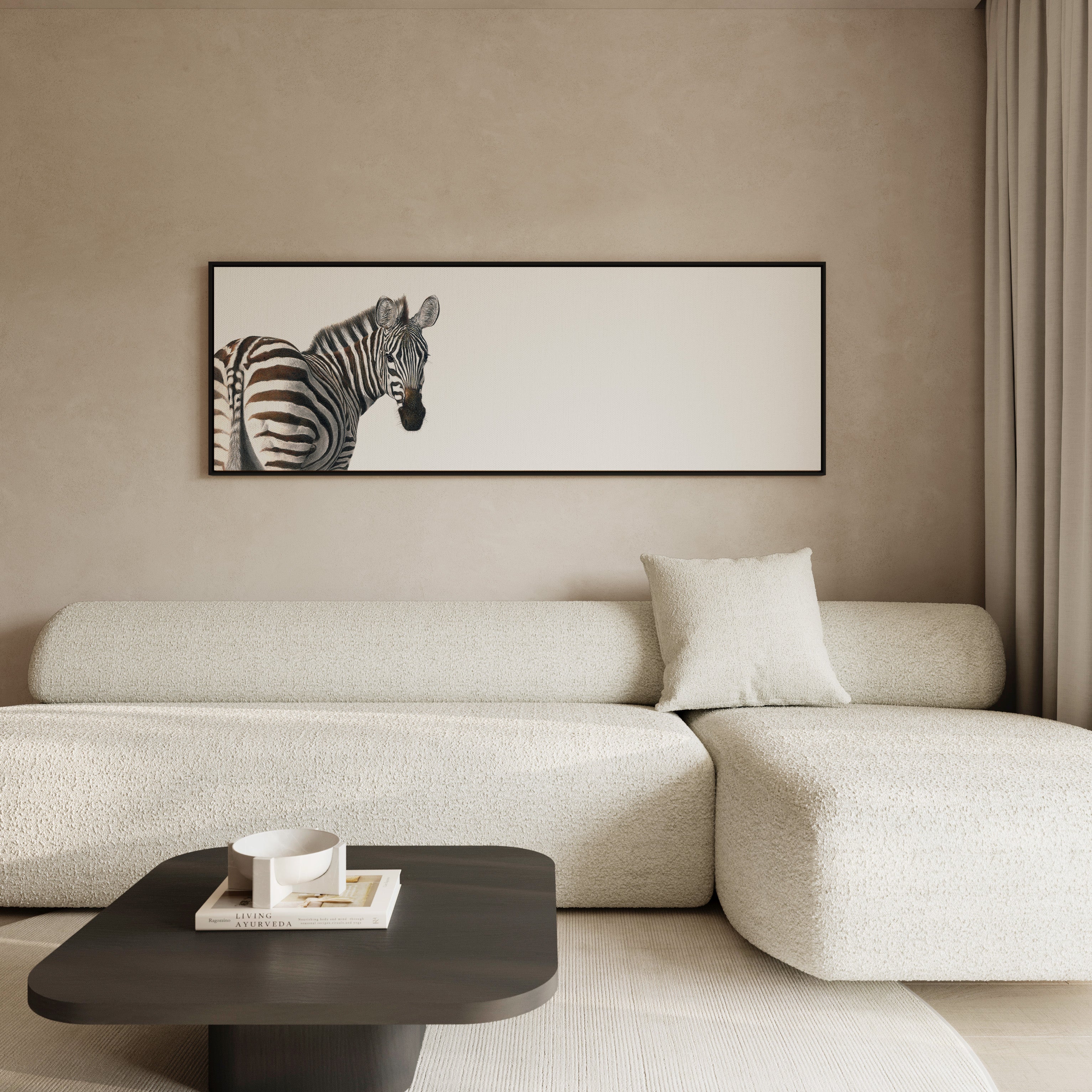 Framed zebra canvas print combining detailed safari-inspired artwork with a sophisticated contemporary frame.