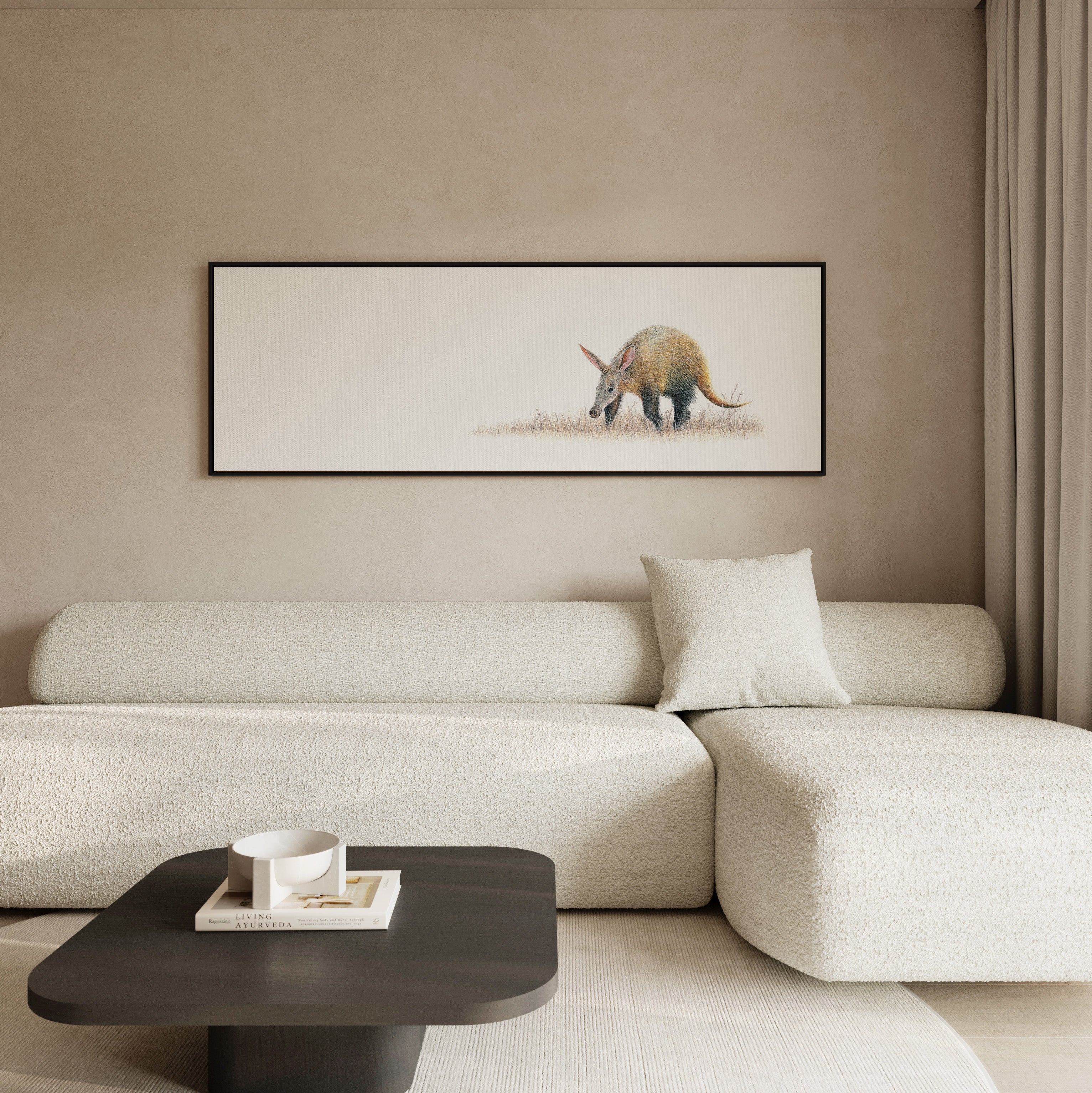 Framed aardvark canvas print featuring Matthew Bell’s detailed wildlife artwork, ideal for a safari-inspired interior.