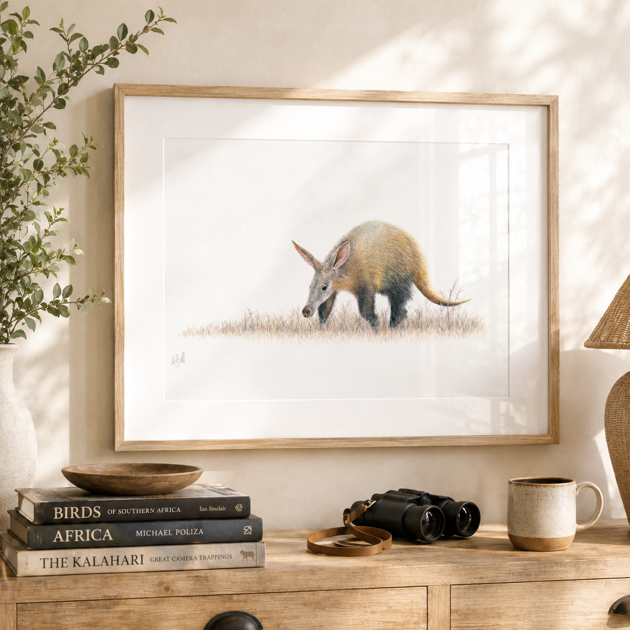 Framed and mounted print of an Aardvark drawing by South African wildlife artist Matthew Bell