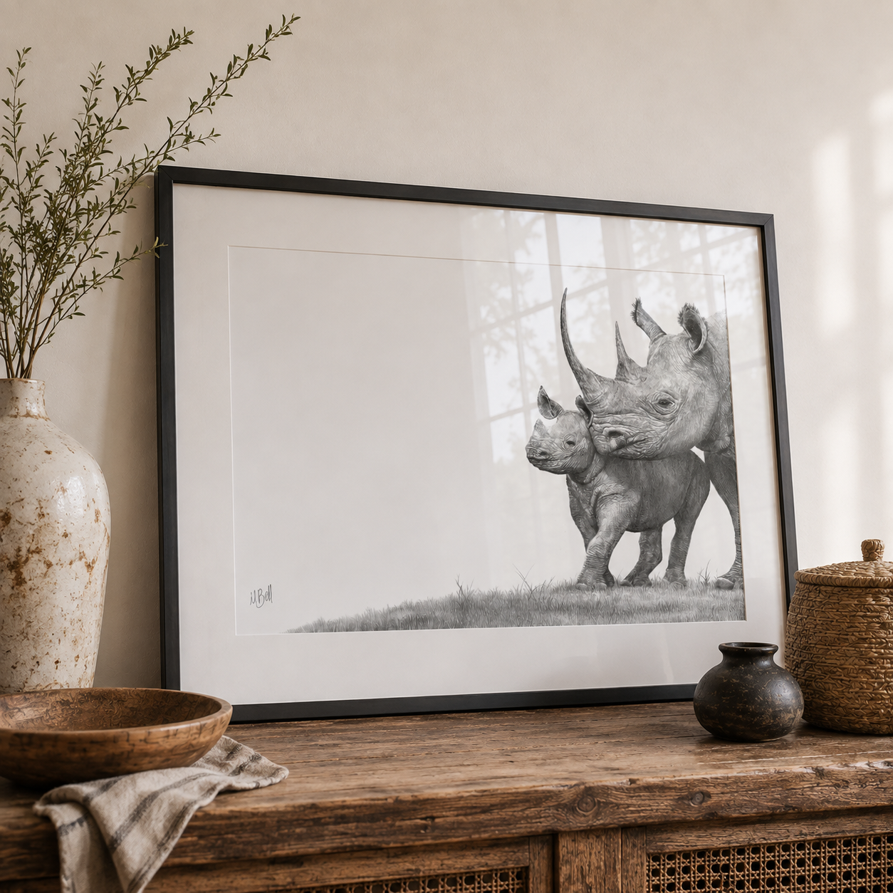 Pencil artwork by Matthew Bell, South African artist of a Black Rhino mother with its calf in a black wooden frame
