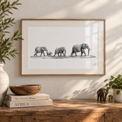 Framed picture of a pencil drawing by South African wildlife artist Matthew Bell of a herd of African Elephants 