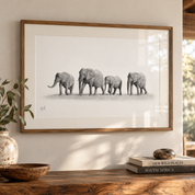 Framed African Elephant family pencil drawing in a bright sunlit interior