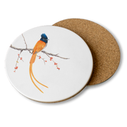 Wooden coasters with artwork of an African Paradise Flycatcher sitting on a branch by Matthew Bell