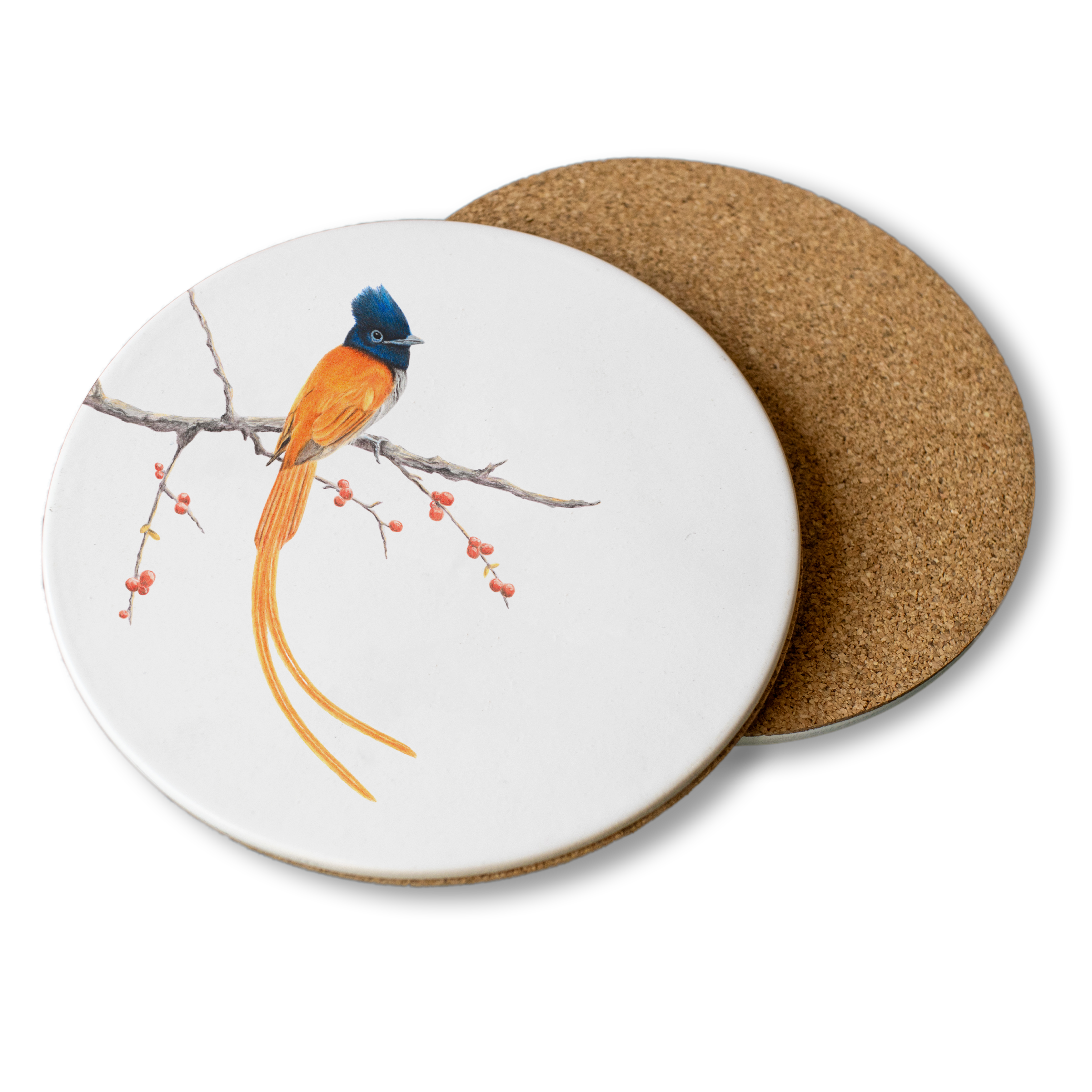 Wooden coasters with artwork of an African Paradise Flycatcher sitting on a branch by Matthew Bell