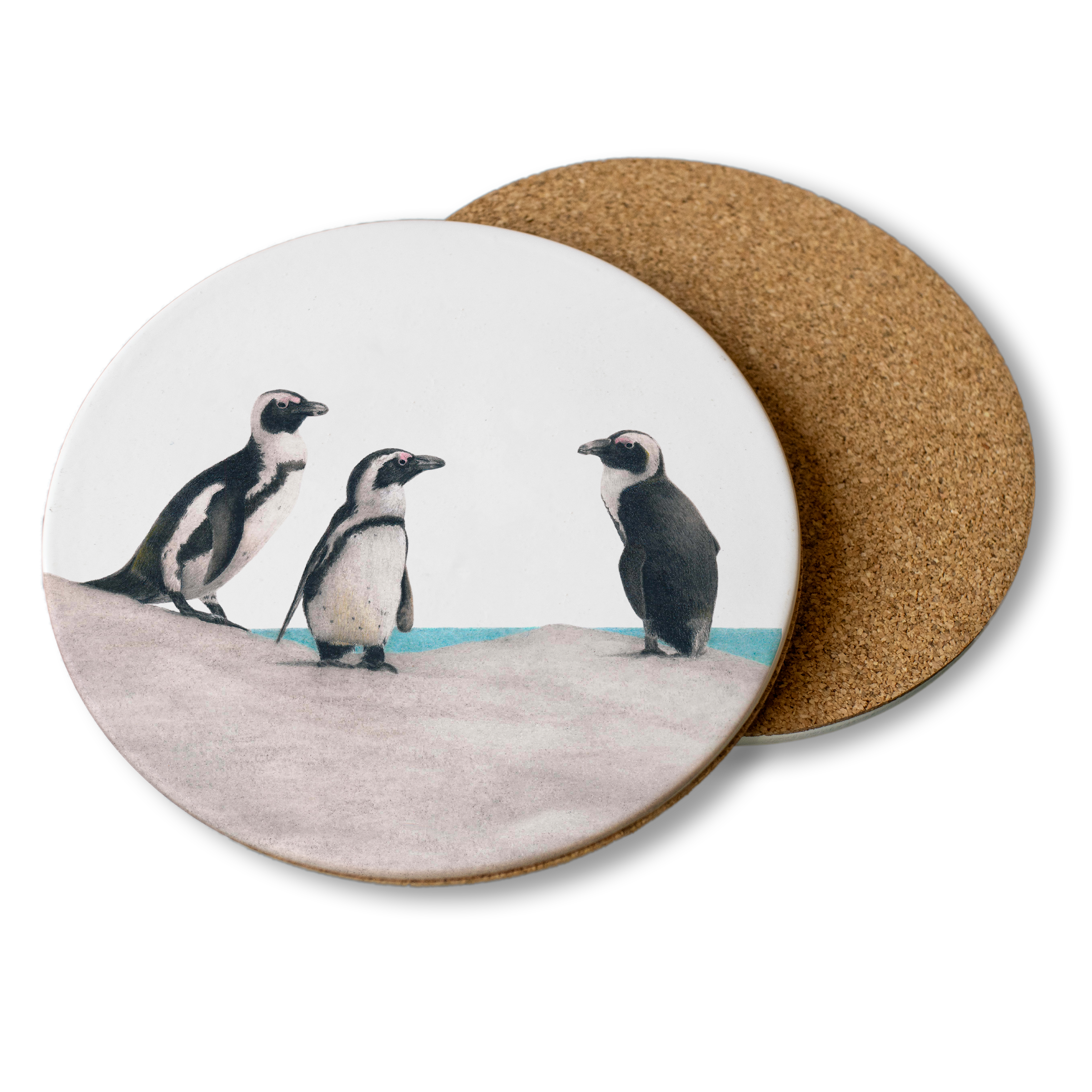 Wooden coasters with Matthew Bell's penguin drawings on them