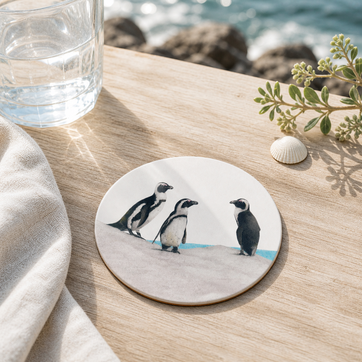 Wooden coaster of African Penguins on a table at the beach