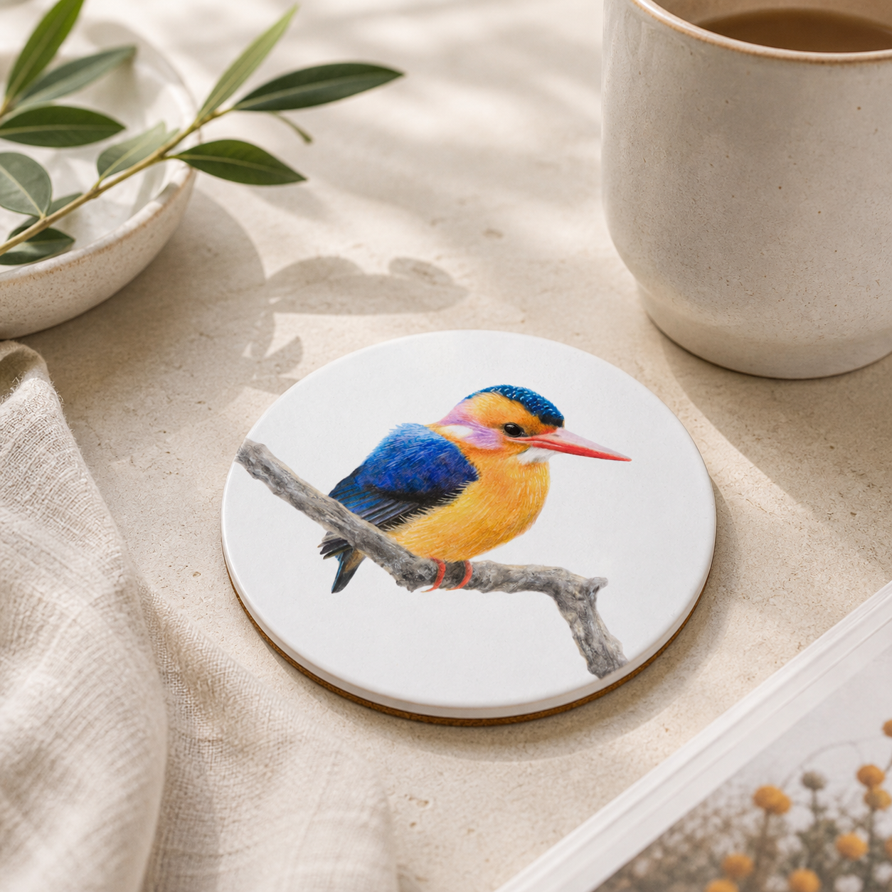 A round white coaster featuring a colorful painted kingfisher perched on a branch, styled on a beige fabric surface with a ceramic mug, linen cloth, and small bowl of leaves nearby.