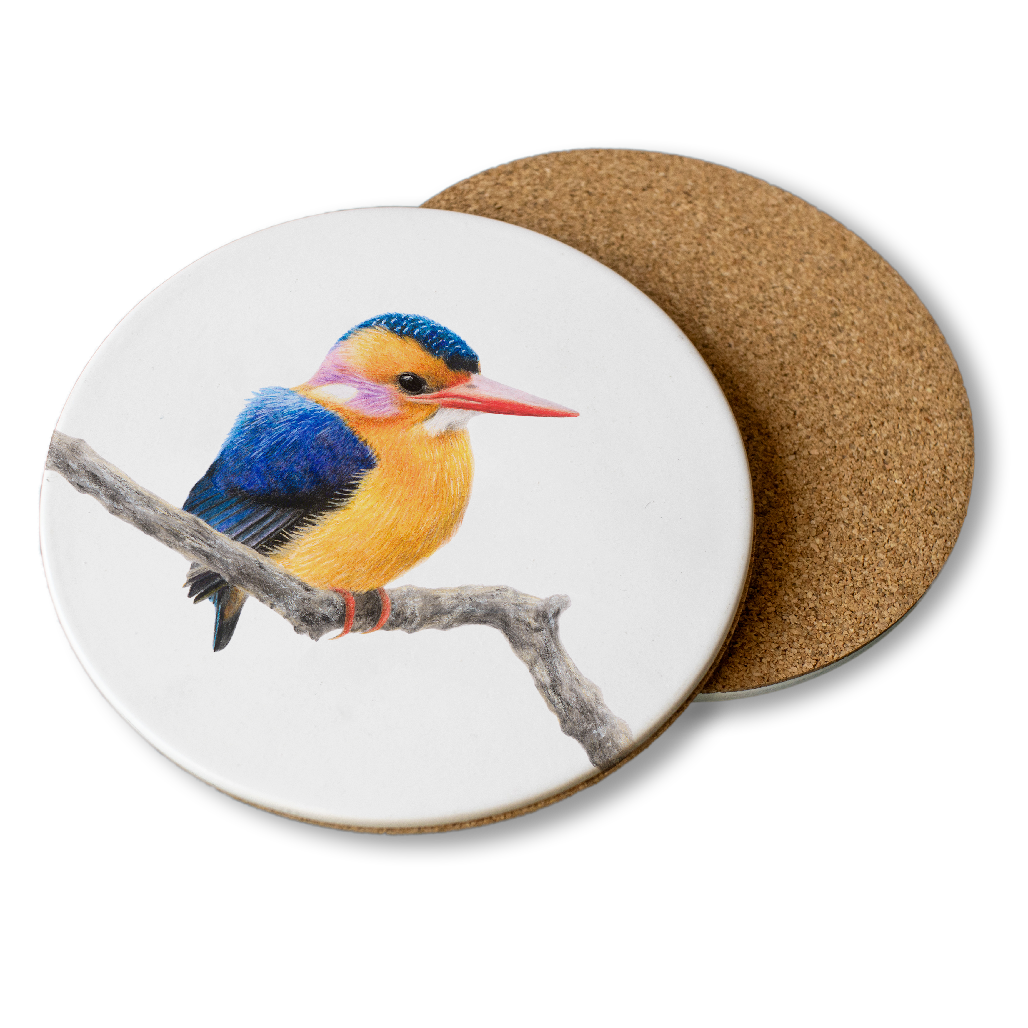 Wooden coaster with a beautiful African Pygmy Kingfisher illustration by artist Matthew Bell