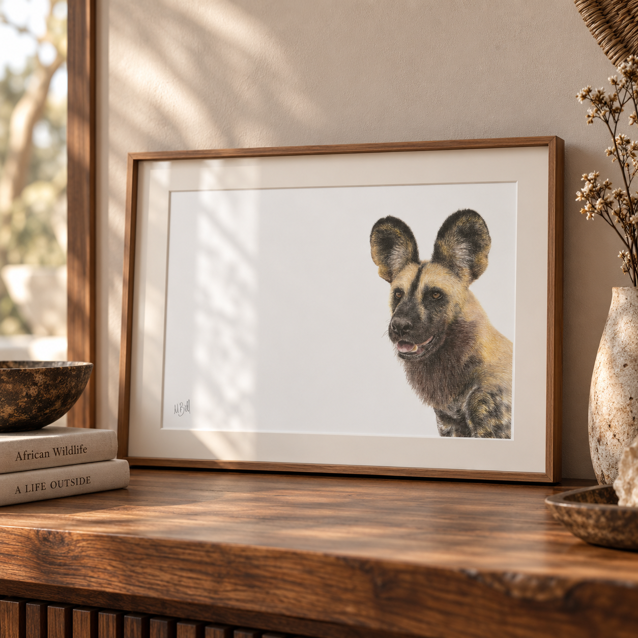 A framed art print of an African wild dog resting on a rustic wooden table, styled with books and a vase in a warm, sunlit room.