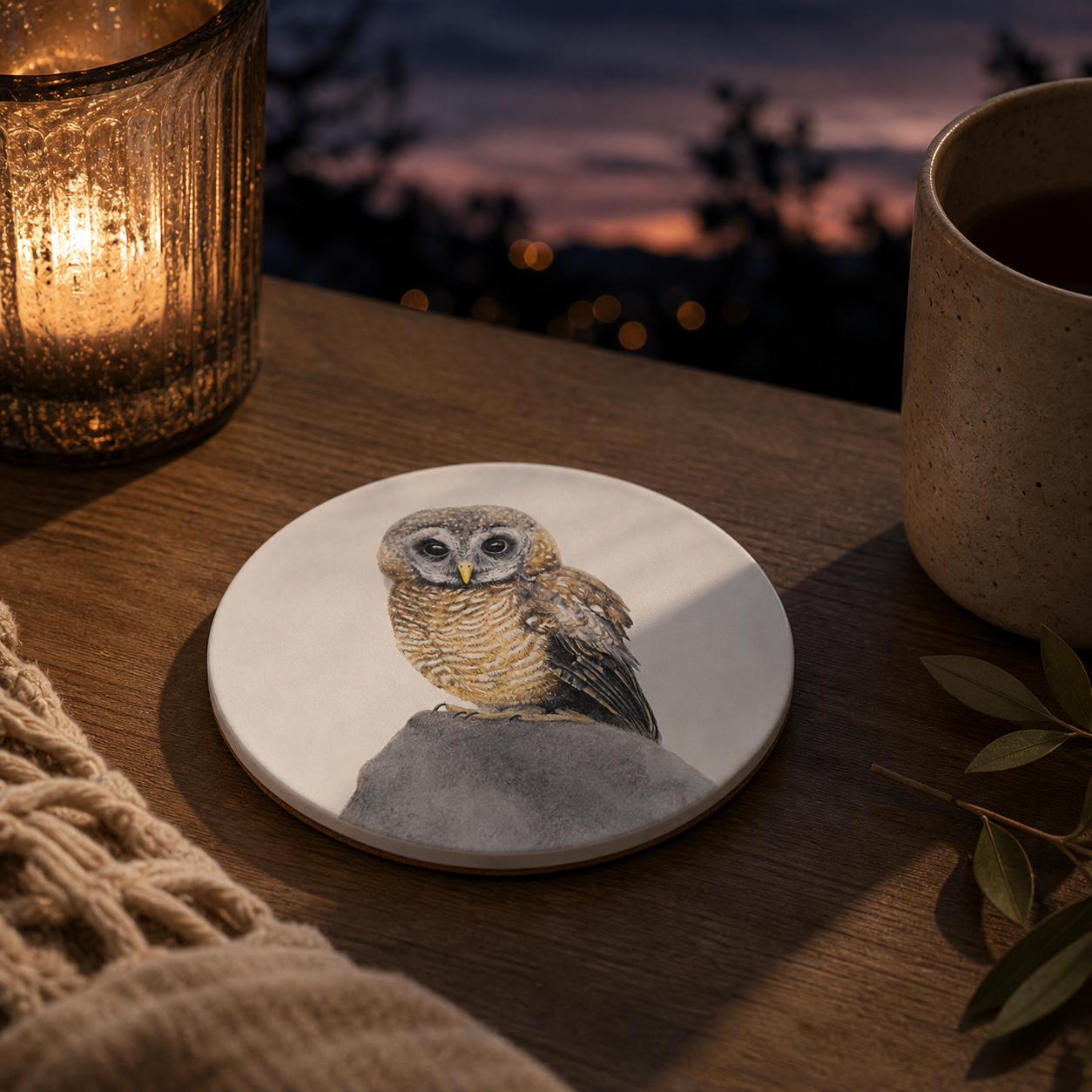 African Wood Owl wooden coaster on a table at dusk