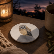 African Wood Owl wooden coaster on a table at dusk