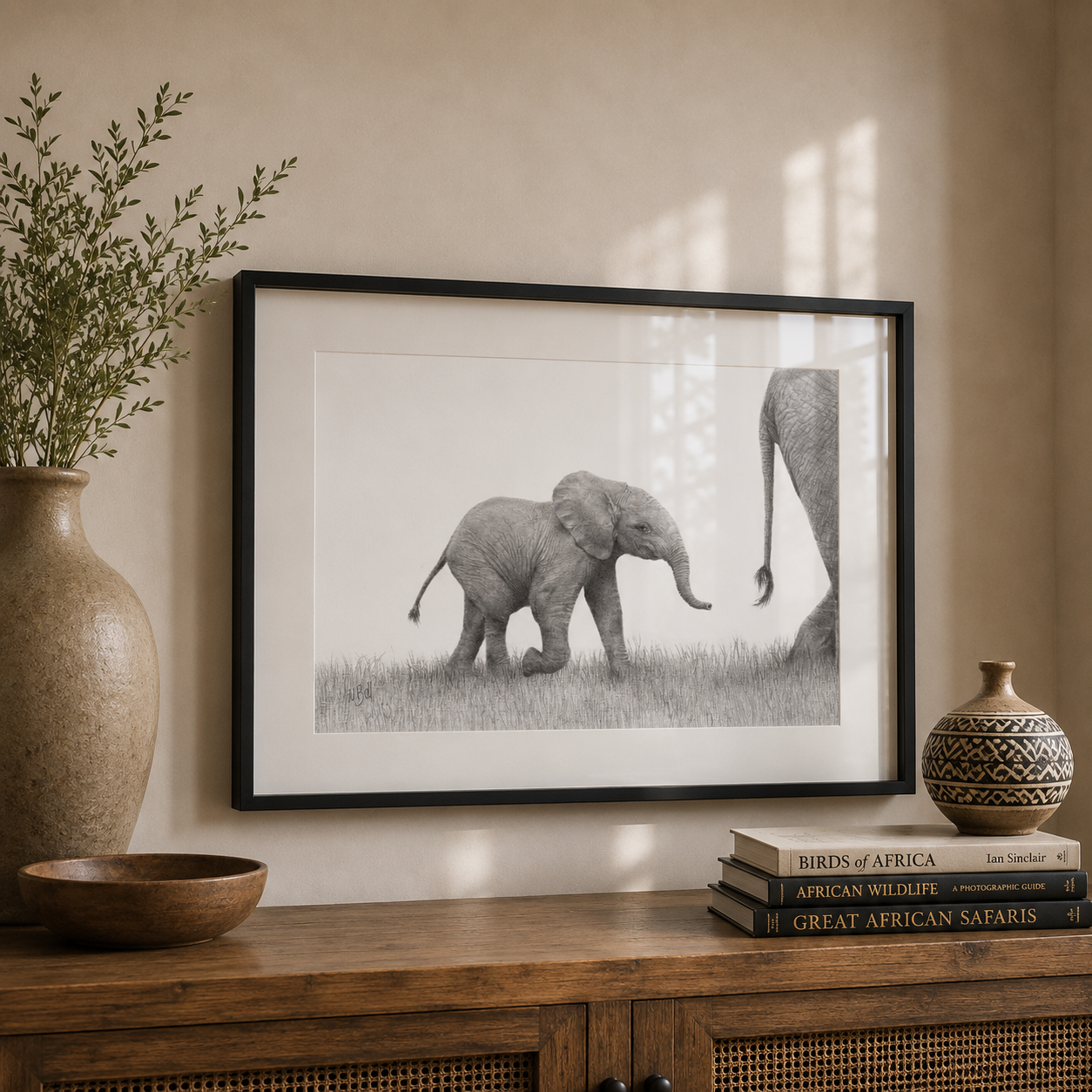 A framed black and white pencil sketch by South African Wildlife artist Matthew Bell of an elephant calf standing in grass, displayed on a wooden console table in a styled room setting with a vase, bowl, and decorative books.