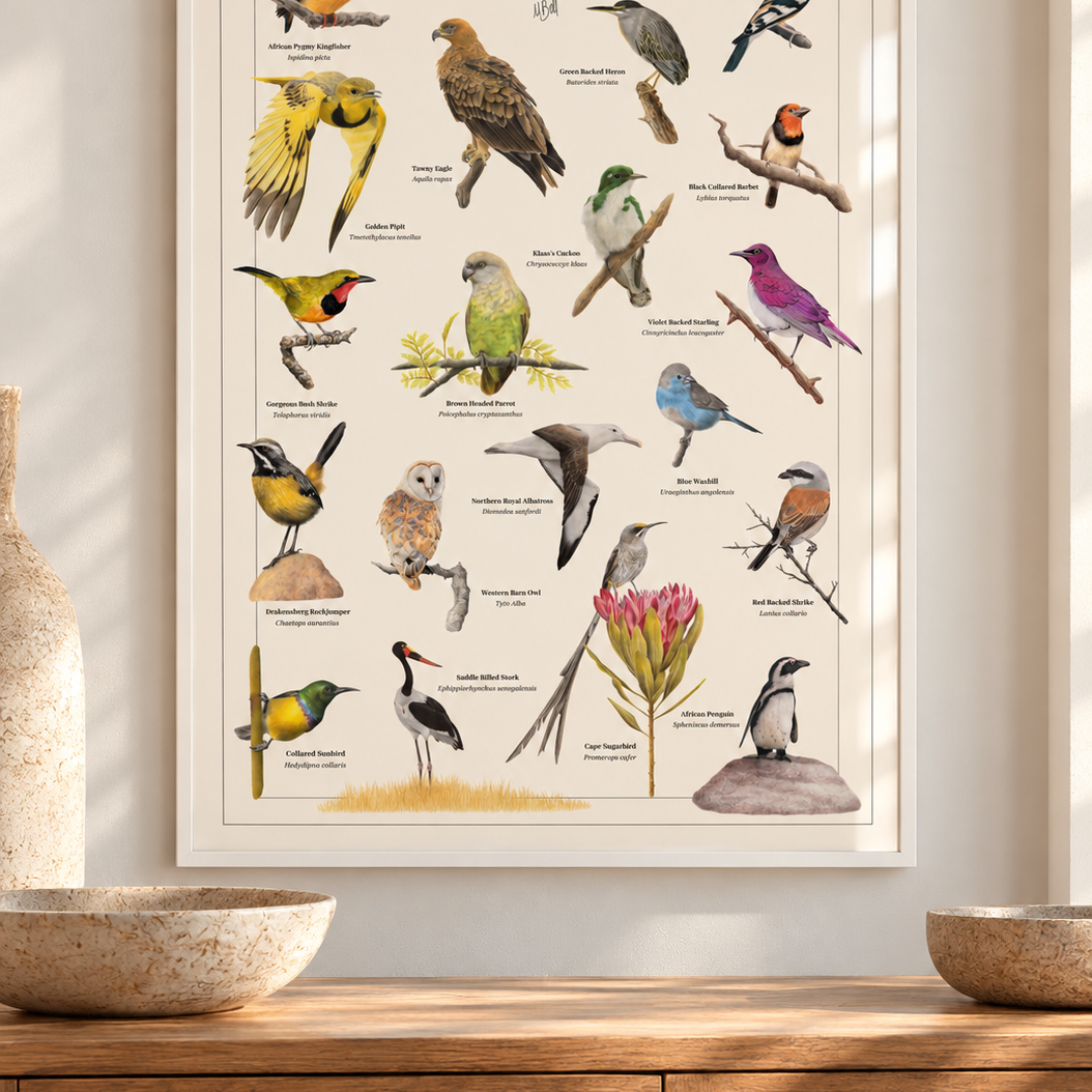 Framed Birds of South Africa Volume 2 poster by Matthew Bell, featuring detailed illustrations of South African birds in a thin white frame with subtle glass reflections, displayed above a wooden sideboard in a bright, modern home.