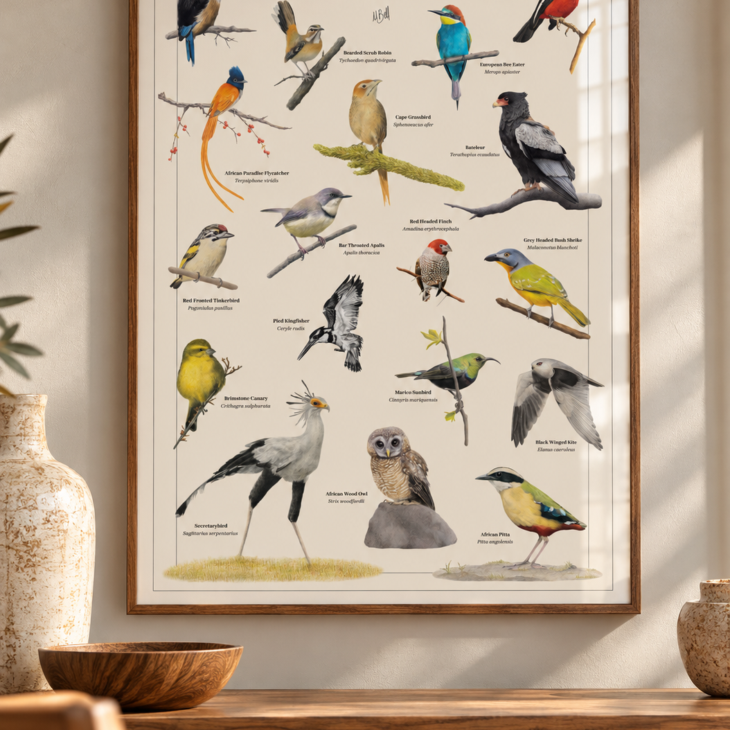 A framed bird poster titled 'Birds of Southern Africa' hanging on a beige wall above a wooden console table. The poster features multiple colorful illustrated birds with labels, and the scene is styled with a ceramic vase, wooden bowl, and chair in a warm interior setting.