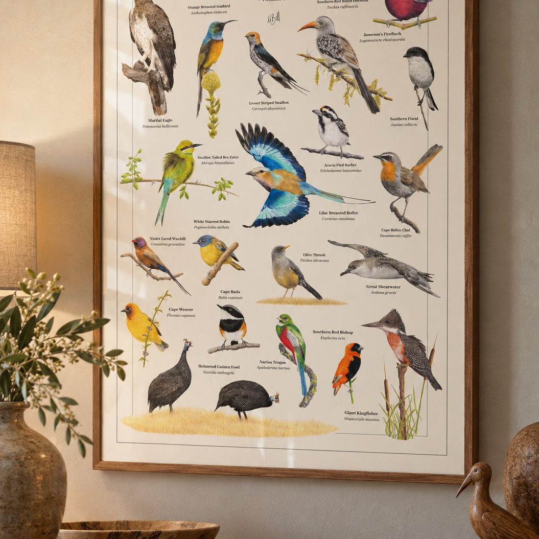 A framed educational bird poster titled 'Birds of South Africa' hanging on a beige wall above a wooden console table. The poster features multiple colorful illustrated birds with labels, enclosed in a light wood frame.