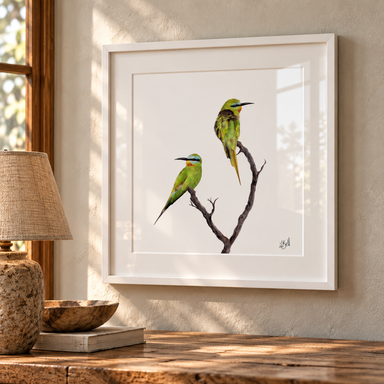 Framed Blue-cheeked Bee-eaters fine art print by Matthew Bell, featuring two colourful South African birds in a white box frame.