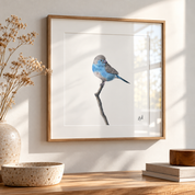 Framed wall art featuring a small Blue Waxbill perched on a branch, displayed in a light wood frame on a wall above a wooden console table with decorative dried flowers and books.