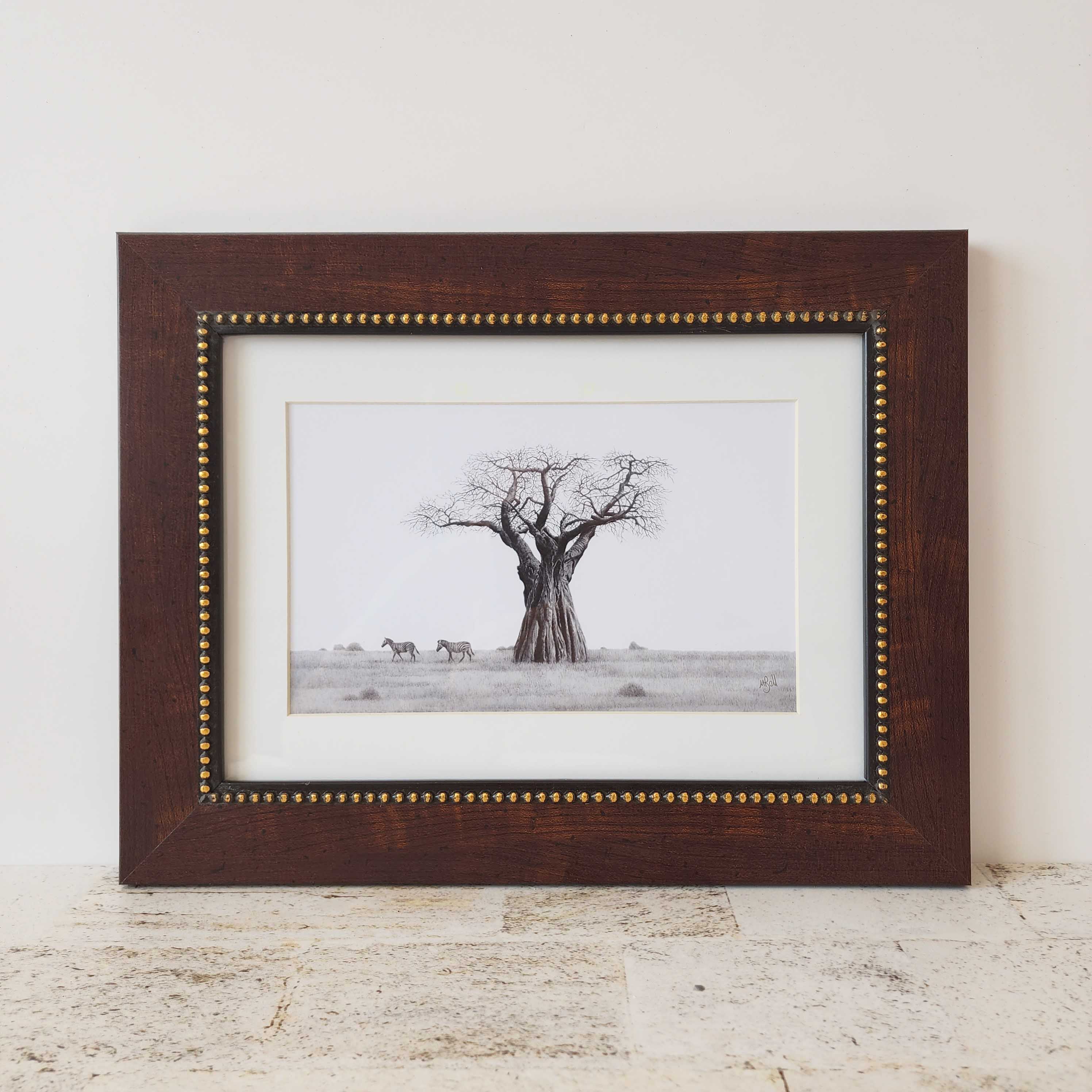 Artwork of an African Baobab Tree and Zebras with a wooden frame, by famous wildlife nature artist Matthew Bell