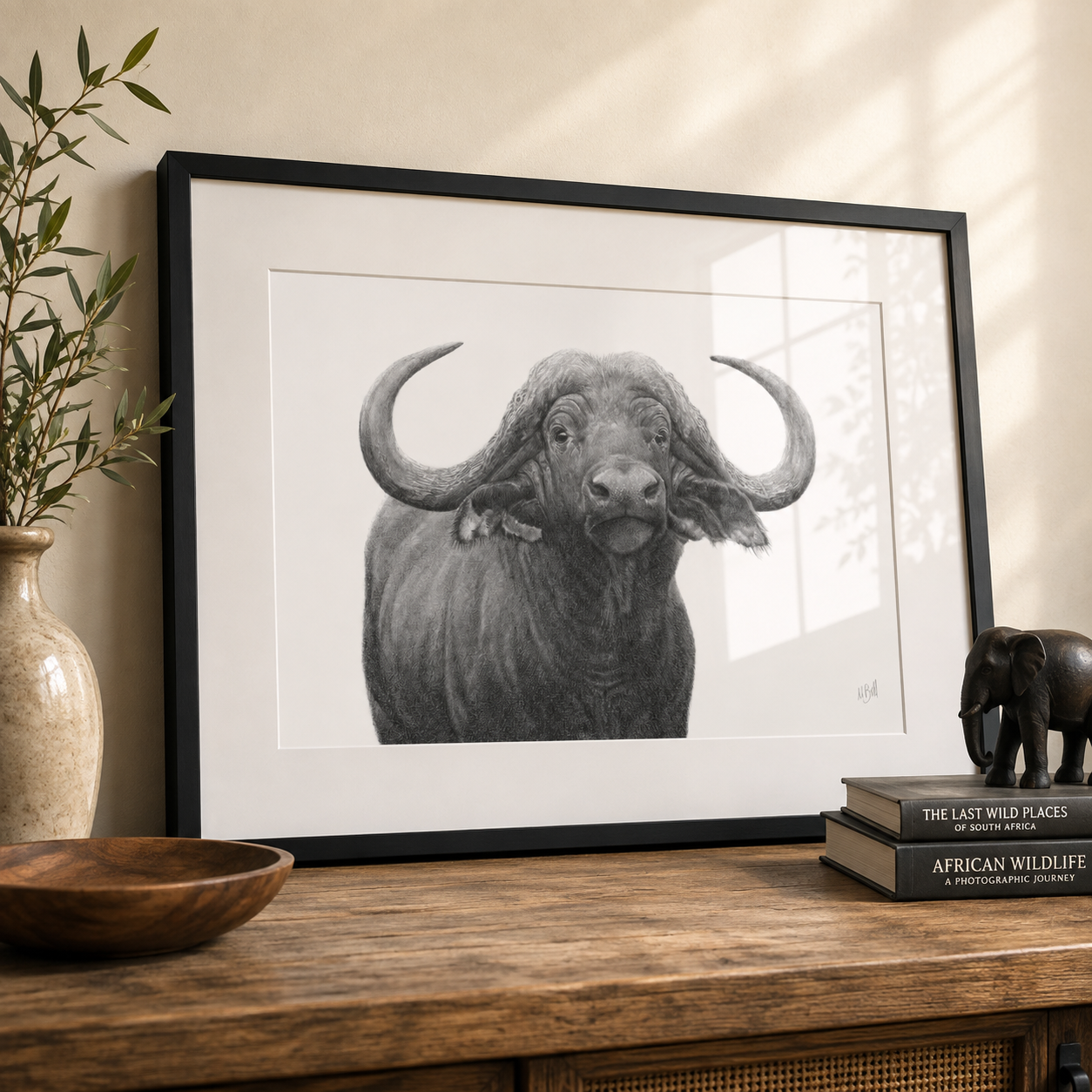 Black framed picture with glass of a buffalo portrait 