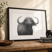 Black framed picture with glass of a buffalo portrait 