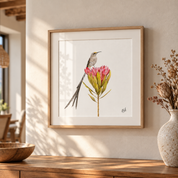 A framed botanical art print featuring a Cape Sugarbird perched on a pink and green flower, displayed on a wooden console table against a beige wall with warm sunlight and shadows. A ceramic vase with dried flowers sits to the right.