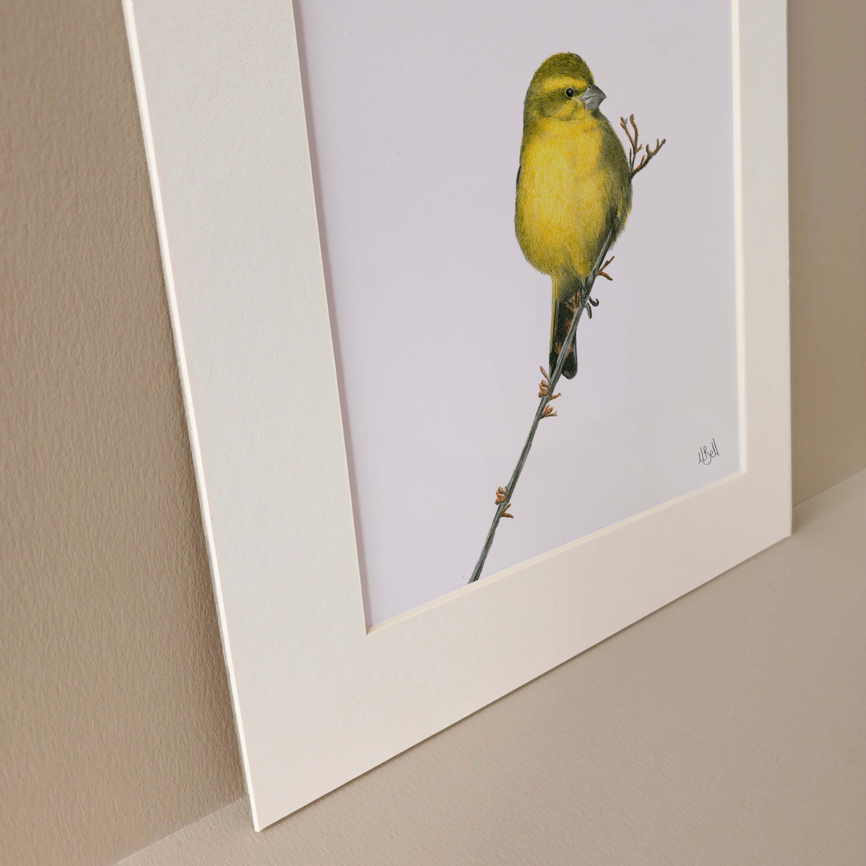 Framed artwork of a yellow bird on a branch against a white background