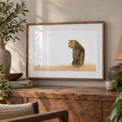 Cheetah drawing by South African wildlife artist Matthew Bell, with a kiaat frame hanging on the wall with decor and plants around it