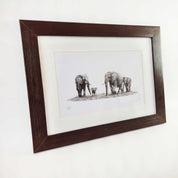 African elephants family artwork with a brown frame