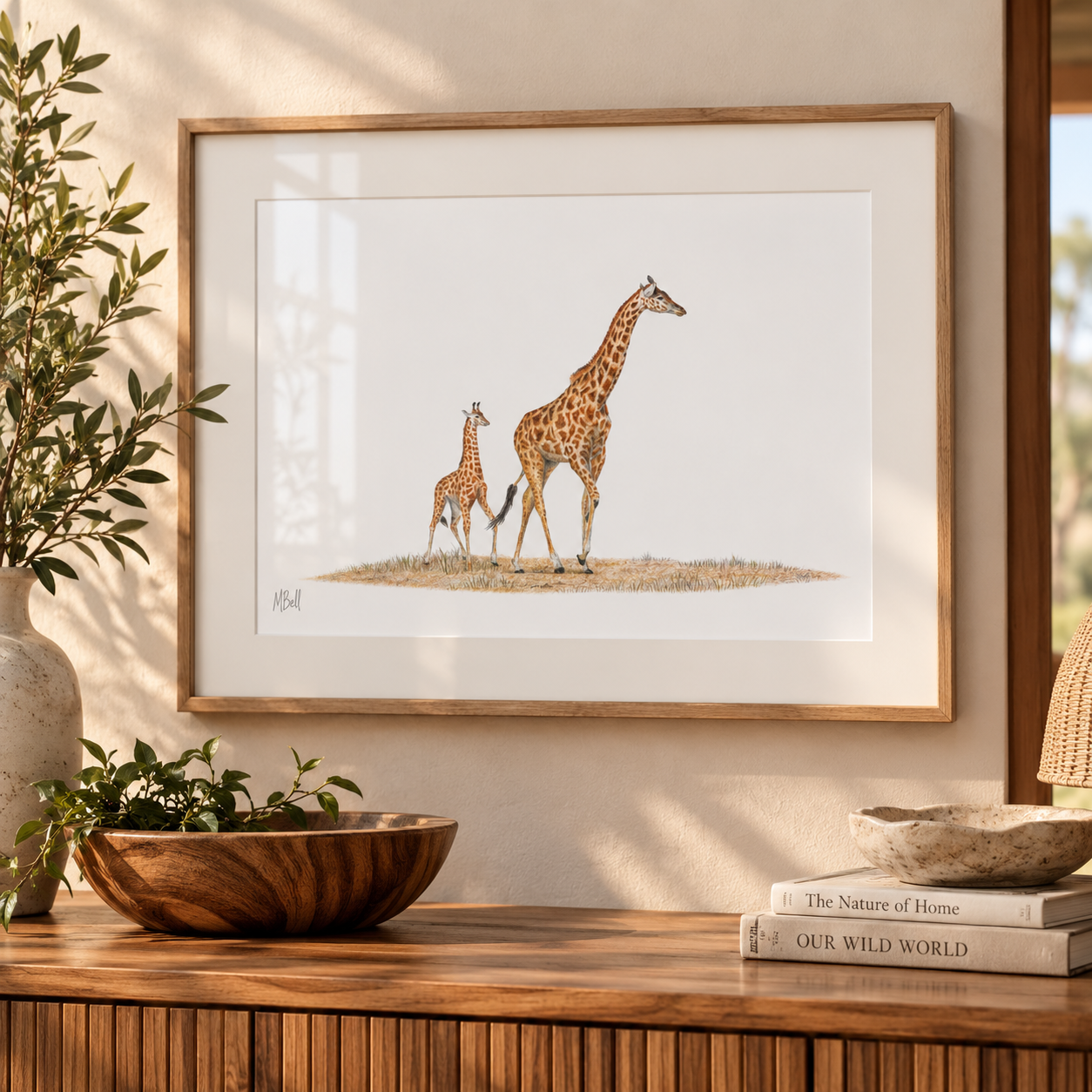 A framed art print featuring an illustration of a mother and child giraffe, styled on a wooden console table with a plant, bowls, and books in a warm, sunlit room.