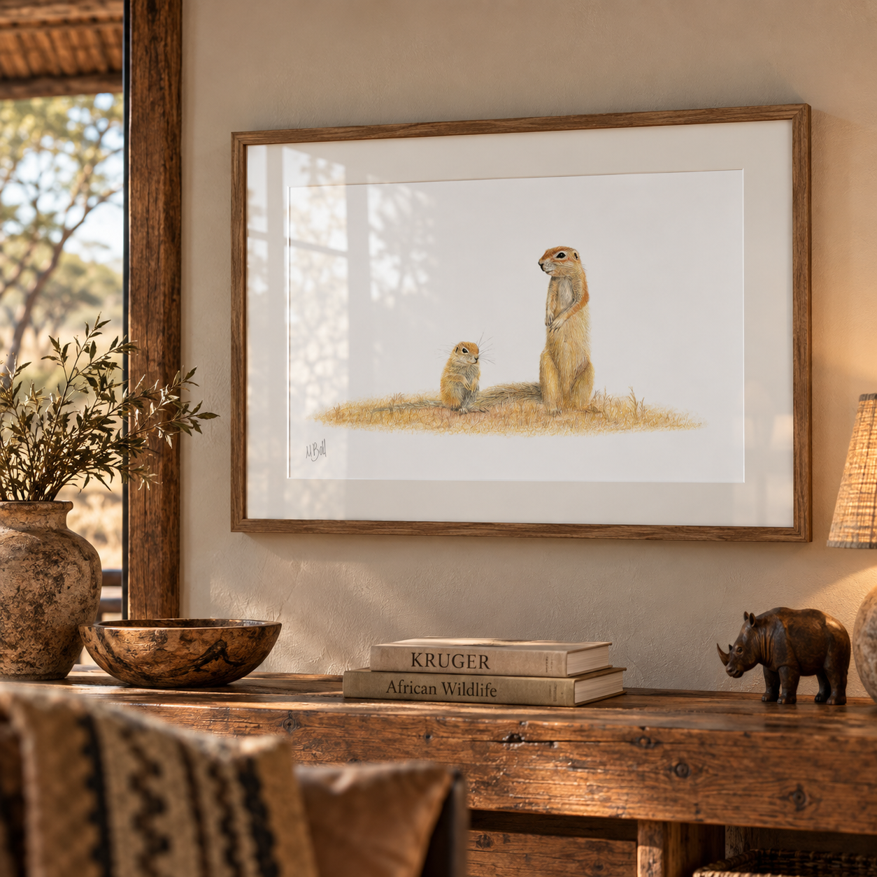 Wood framed mounted print of two Ground Squirrels in a warm lodge interior