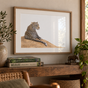 A framed art print of a leopard resting on a sandy hill, displayed on a wooden console table in a styled room setting with books, plants, and a small buffalo figurine.