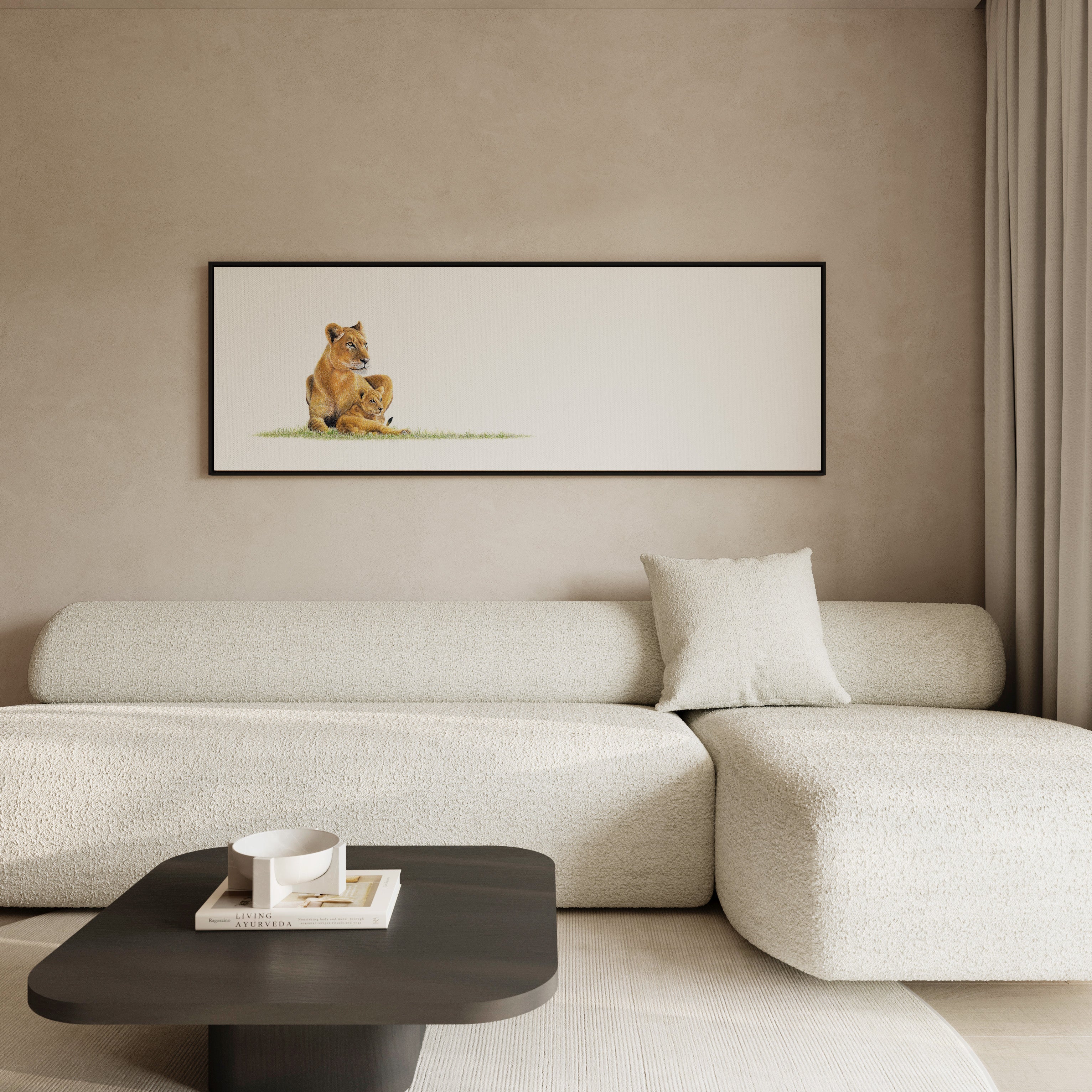 Framed African lion canvas print combining powerful wildlife artwork with a sophisticated contemporary frame.