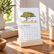 A vertical desk calendar standing on a light wood block stand on a wooden table, featuring a safari illustration with a tree and two zebras on the December 2027 page. The scene is styled with a potted plant, a book, and a ceramic cup in warm natural light.