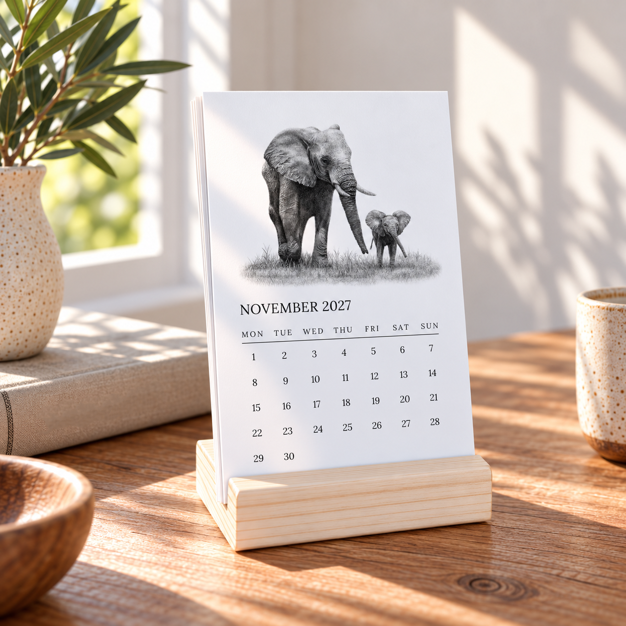 A vertical desk calendar standing on a light wood block base on a wooden table, with a black-and-white elephant illustration and the date November 2027 on the front. The scene is styled in a sunlit room with a plant, books, and ceramic cups around it.