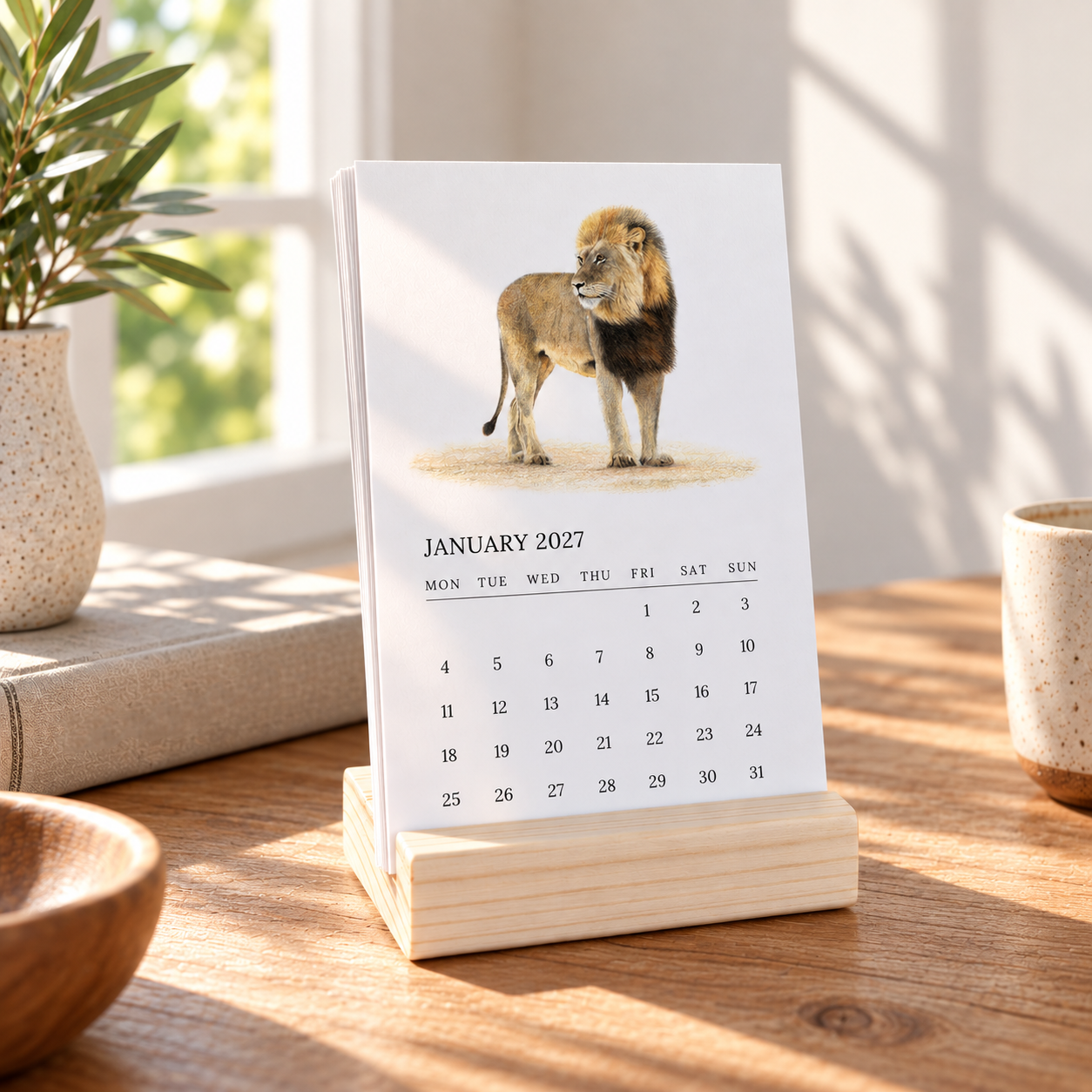 A January 2027 desk calendar featuring a realistic lion illustration on the cover, displayed on a light wood stand on a wooden table in a sunlit room.