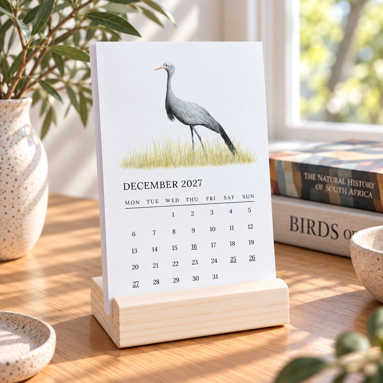 A vertical desk calendar standing on a light wood block base on a wooden table, featuring a printed bird illustration and the date grid for December 2027. The scene is styled with a plant, ceramic bowls, and books in a bright indoor setting.
