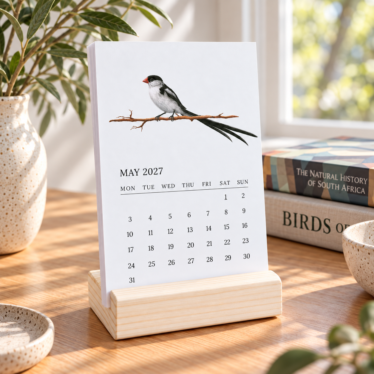 A May 2027 desk calendar standing on a light wood block base on a wooden table, with a bird illustration at the top and books and a vase in the background.