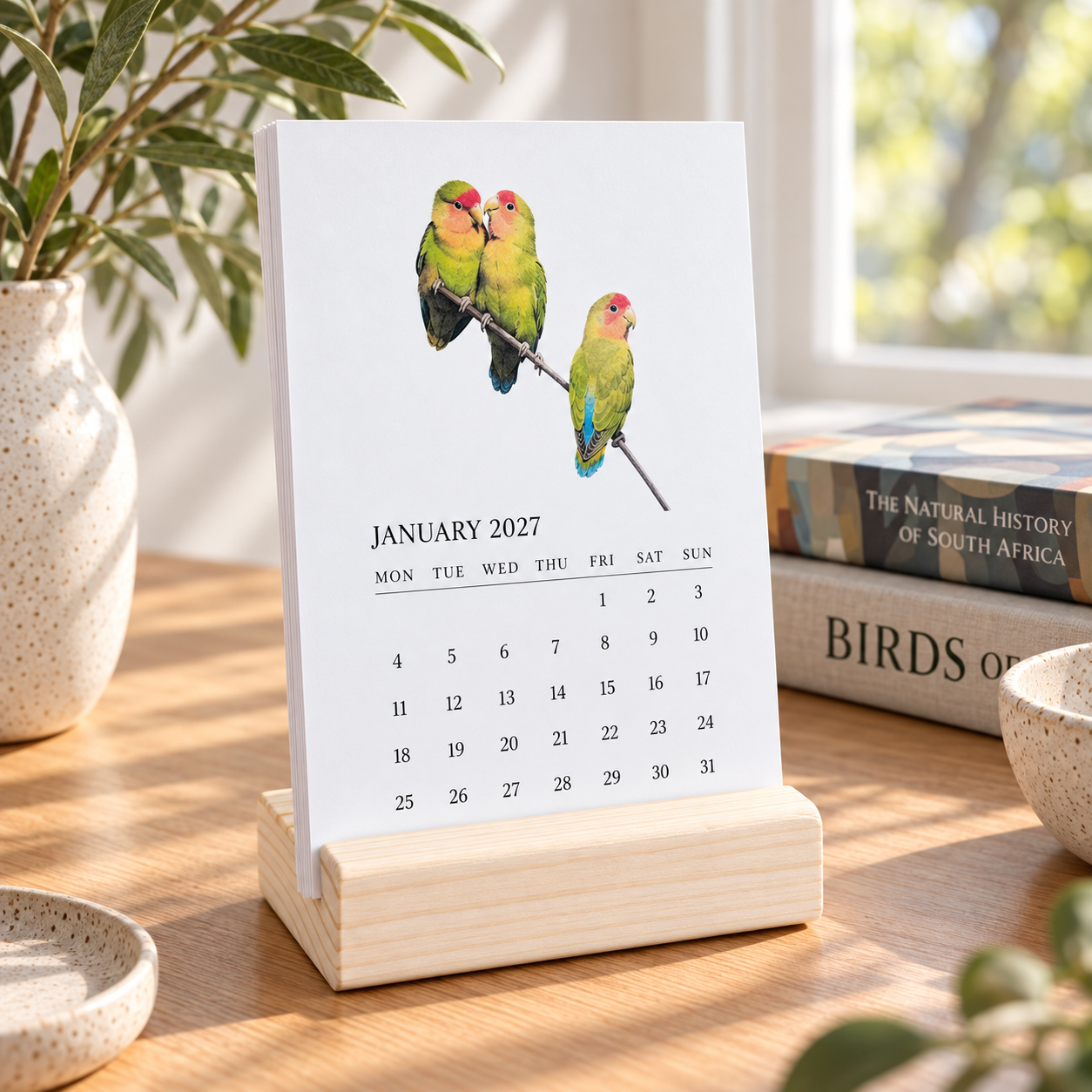 A white desk calendar standing on a light wood block base, printed with a photograph of three green lovebirds on January 2027. The calendar is styled on a wooden table with books and a ceramic vase in a bright, natural setting.