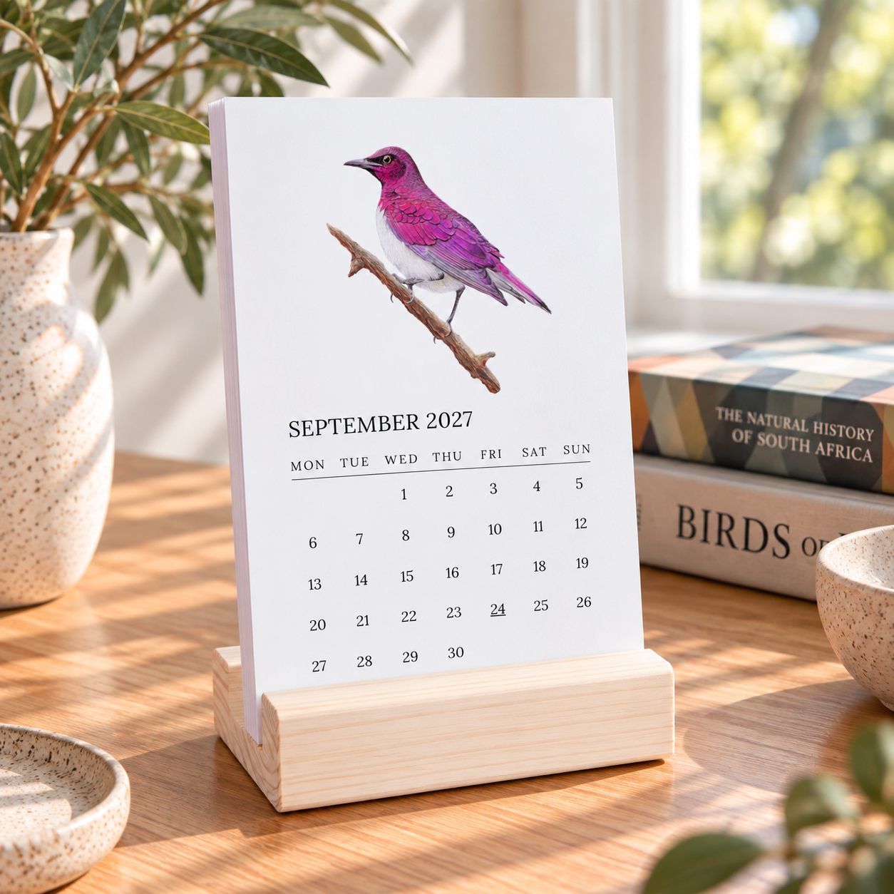 A vertical desk calendar standing on a light wood base on a wooden table, featuring a colorful bird illustration on the September 2027 page. The scene is styled with a plant in a vase, books, and a window in the background.