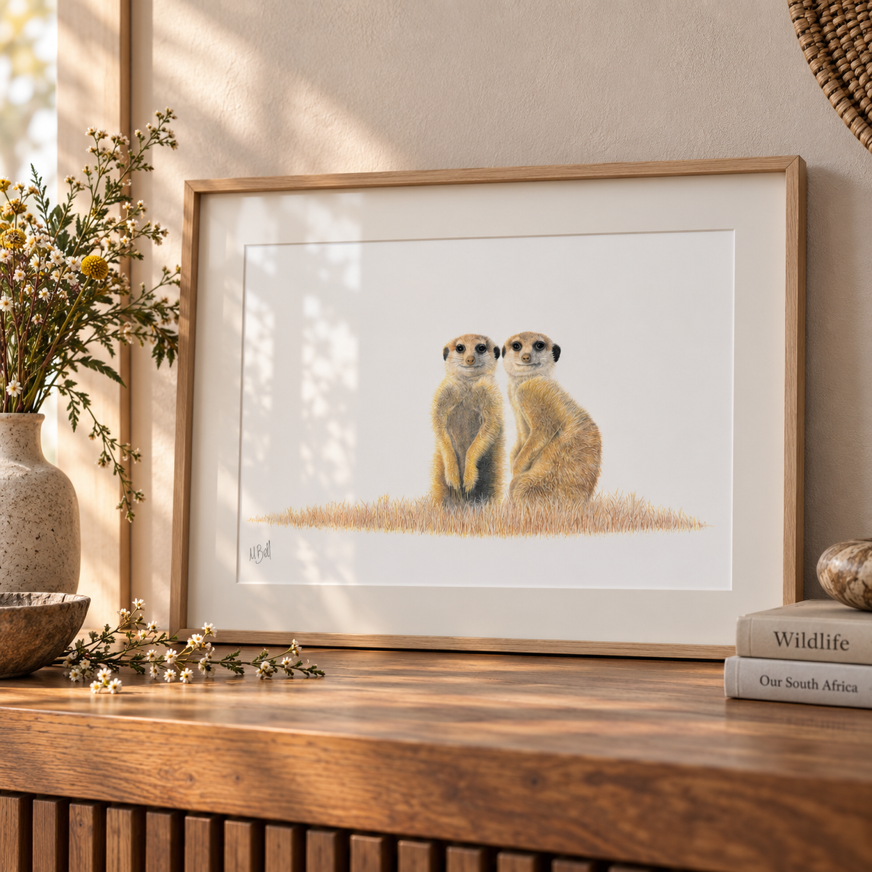 Meerkat pencil drawing with a ash frame by South African Wildlife artist Matthew Bell